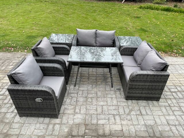 Fimous Wicker PE Rattan Garden Dining Set Outdoor Furniture Sofa with Rectangular Dining Table 2 Side Tables Dark Grey Mixed - image 1