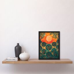 "Artery8 Warm Sunrise Over Forest Painting Nature Framed Art Print in Orange - Size: W12"" x H16""" - thumbnail 4