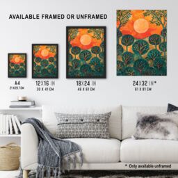 "Artery8 Warm Sunrise Over Forest Painting Nature Framed Art Print in Orange - Size: W12"" x H16""" - thumbnail 3