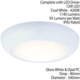 Loops Round LED Bulkhead Ceiling Light 12W Cool White IP65 Gloss White Bathroom Lamp - thumbnail 2