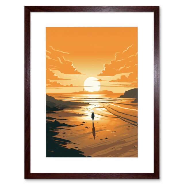 "Artery8 Wall Art Print Walk into the Sunset Sand Beach Coastal Landscape Artwork Framed 9X7 Inch in Brown - Size: W7"" x H9""" - image 1