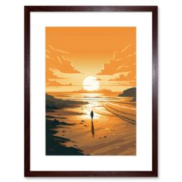 "Artery8 Wall Art Print Walk into the Sunset Sand Beach Coastal Landscape Artwork Framed 9X7 Inch in Brown - Size: W7"" x H9""" - thumbnail 1