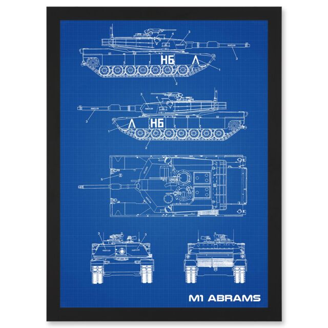 Artery8 M1 Abrams American Main Battle Tank Blueprint Plan Artwork Framed Wall Art Print A4 in Black - image 1
