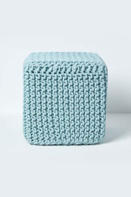 Homescapes Cube Cotton Knitted Pouffe Footstool in Duck Egg Blue - image 1