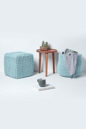 Homescapes Cube Cotton Knitted Pouffe Footstool in Duck Egg Blue - thumbnail 6