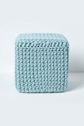Homescapes Cube Cotton Knitted Pouffe Footstool in Duck Egg Blue - thumbnail 1