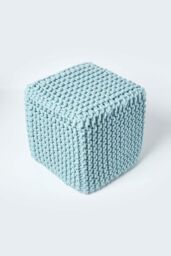 Homescapes Cube Cotton Knitted Pouffe Footstool in Duck Egg Blue - thumbnail 3