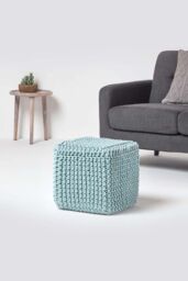 Homescapes Cube Cotton Knitted Pouffe Footstool in Duck Egg Blue - thumbnail 2