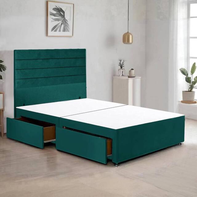 "Bed Time UK Plush Divan Bed Frame with 48"" Headboard & 2 Drawer Storage in Green - Size: Single" - image 1
