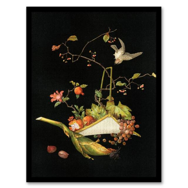 Artery8 Stylised Still Life with Bird Audsley Vintage Framed Wall Art Print in Black - Size: A4 - image 1