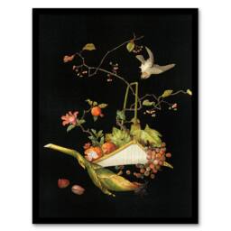 Artery8 Stylised Still Life with Bird Audsley Vintage Framed Wall Art Print in Black - Size: A4 - thumbnail 1