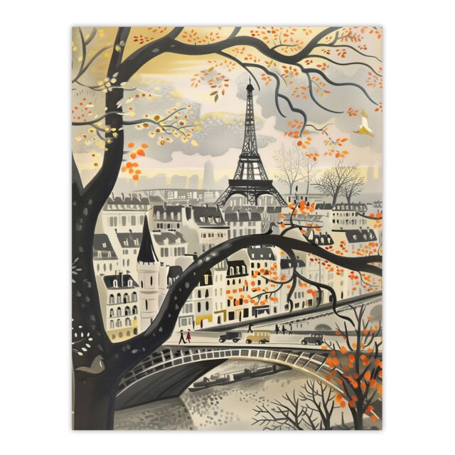 "Artery8 Vintage Autumn in Paris Cityscape Eiffel Tower Wall Art Print in Beige - Size: W24"" x H32""" - image 1