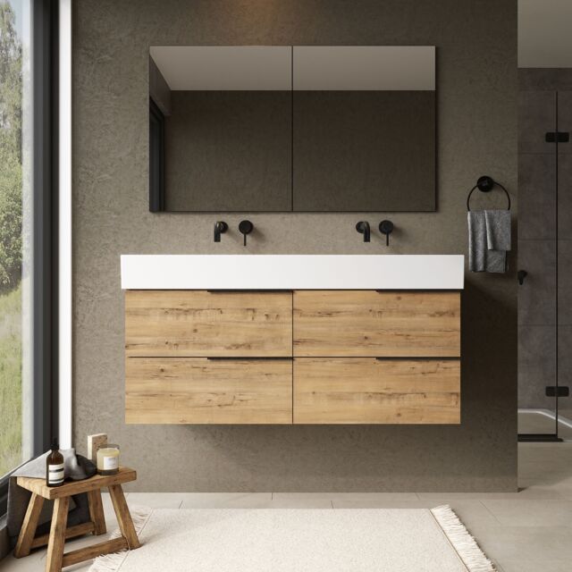 Banyetti Celtic 1200mm Wall Hung Bathroom Vanity Unit with Veneto 0 Tap Hole Basin - Ostippo Oak in Light Oak - image 1