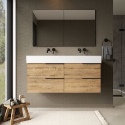 Banyetti Celtic 1200mm Wall Hung Bathroom Vanity Unit with Veneto 0 Tap Hole Basin - Ostippo Oak in Light Oak - thumbnail 1