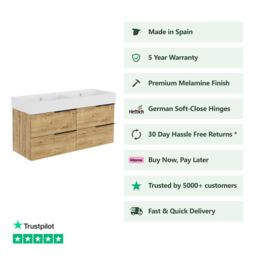 Banyetti Celtic 1200mm Wall Hung Bathroom Vanity Unit with Veneto 0 Tap Hole Basin - Ostippo Oak in Light Oak - thumbnail 2