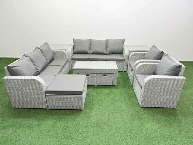 Fimous PE Rattan High Back Lounge Sofa Set Patio Oblong Coffee Table & Chairs Set with 3 Seater Sofa Reclining Chair 3 Stools 2 Side Table Light Grey - image 1