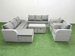 Fimous PE Rattan High Back Lounge Sofa Set Patio Oblong Coffee Table & Chairs Set with 3 Seater Sofa Reclining Chair 3 Stools 2 Side Table Light Grey - thumbnail 2