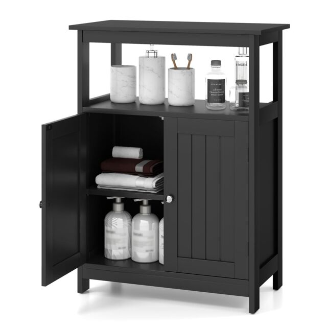 Gymax Freestanding Storage Organizer Bathroom Floor Cabinet With 2 Doors in Black - image 1