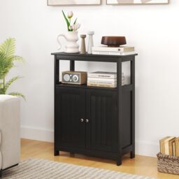 Gymax Freestanding Storage Organizer Bathroom Floor Cabinet With 2 Doors in Black - thumbnail 7