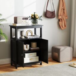 Gymax Freestanding Storage Organizer Bathroom Floor Cabinet With 2 Doors in Black - thumbnail 4