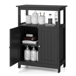 Gymax Freestanding Storage Organizer Bathroom Floor Cabinet With 2 Doors in Black - thumbnail 1