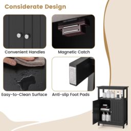 Gymax Freestanding Storage Organizer Bathroom Floor Cabinet With 2 Doors in Black - thumbnail 5