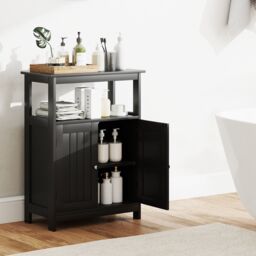 Gymax Freestanding Storage Organizer Bathroom Floor Cabinet With 2 Doors in Black - thumbnail 8