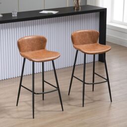 HOMCOM Bar Stools Set of 2 PU Leather Upholstered Kitchen Stools with Back in Brown