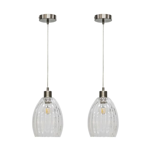 First Choice Lighting Set of 2 Birch - Clear Fluted Glass with Satin Nickel Pendant Fittings - image 1