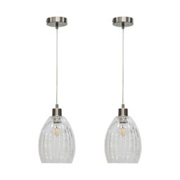 First Choice Lighting Set of 2 Birch - Clear Fluted Glass with Satin Nickel Pendant Fittings - thumbnail 1