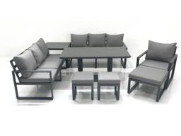 Fimous Outdoor Garden Furniture Set Aluminium Lounge Sofa Adjustable Rising Lifting Dining Table Sets with 3 Footstools Side Table Dark Grey - thumbnail 2
