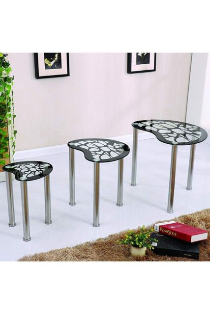 Modernique Tempered Glass Nest of 3 Tables Set with Chrome Frame in Black