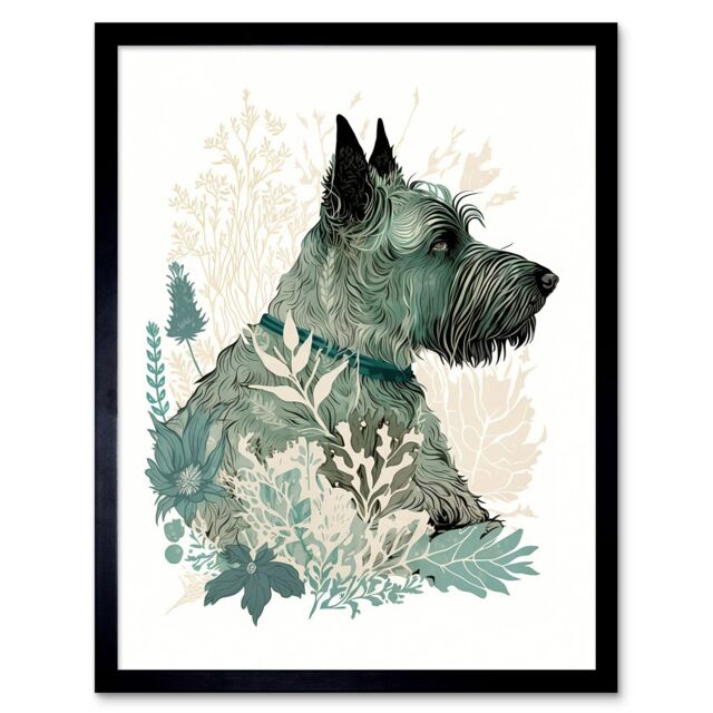 "Artery8 Wall Art Print Scottish Terrier Dog Lying in Flower Field Modern Teal Tan Art Framed in Black - Size: W12"" x H16""" - image 1