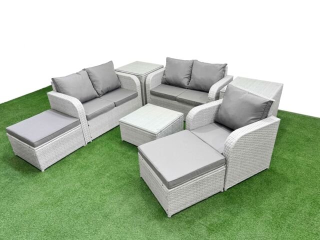 Fimous High Back Poly Rattan Garden Furniture Set w/ Reclining Chair Loveseat Sofa Square Coffee Table Indoor Outdoor Patio Set 2 Big Stool 2 Side - image 1