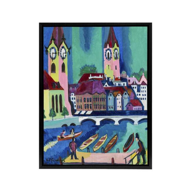 "Artery8 Zurich Colourful Cityscape Kirchner Black Framed Canvas Wall Art Print - Size: W12"" x H16""" - image 1