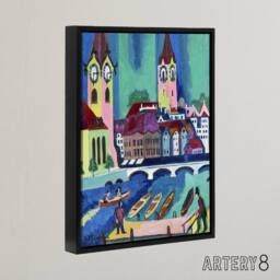 "Artery8 Zurich Colourful Cityscape Kirchner Black Framed Canvas Wall Art Print - Size: W12"" x H16""" - thumbnail 2