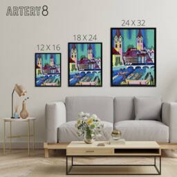 "Artery8 Zurich Colourful Cityscape Kirchner Black Framed Canvas Wall Art Print - Size: W12"" x H16""" - thumbnail 4