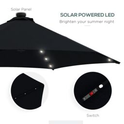 OUTSUNNY 3(m) Cantilever Garden Parasol Umbrella W/ Solar LED & Cover in Black - thumbnail 5