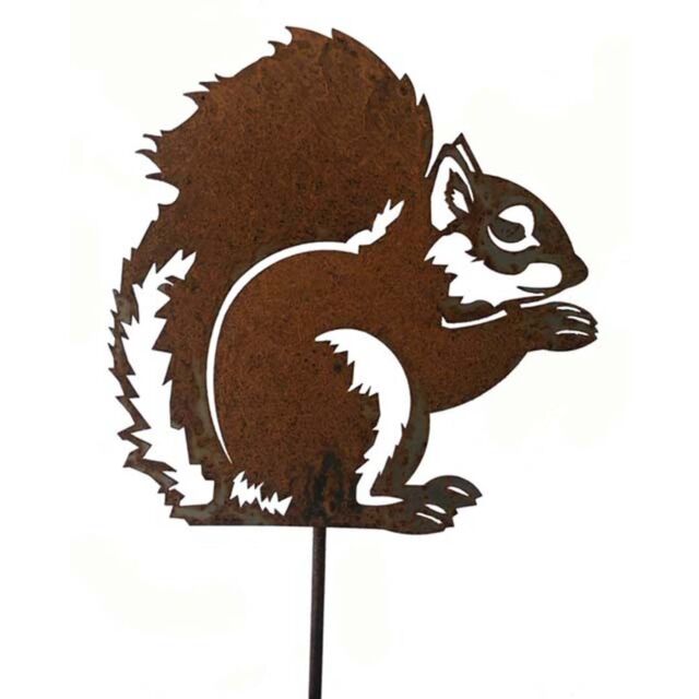 Poppyforge Squirrel on Stake - Steel, W20.3 x H20.3 cm - Bare Metal/Ready to Rust in Brown