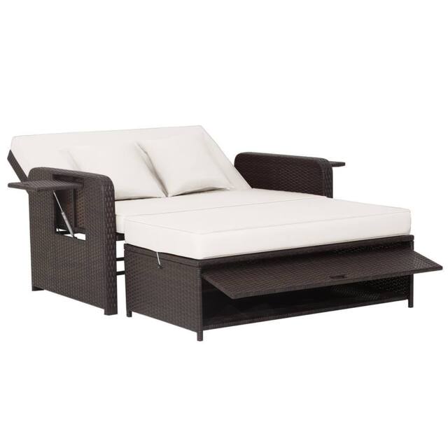 Costway Patio Rattan Daybed Set Wicker Loveseat Sofa w/Ottoman & Side Tray in White - image 1