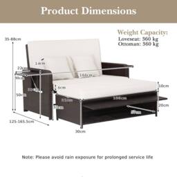 Costway Patio Rattan Daybed Set Wicker Loveseat Sofa w/Ottoman & Side Tray in White - thumbnail 2