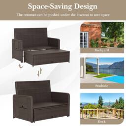 Costway Patio Rattan Daybed Set Wicker Loveseat Sofa w/Ottoman & Side Tray in White - thumbnail 7