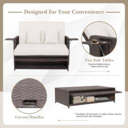 Costway Patio Rattan Daybed Set Wicker Loveseat Sofa w/Ottoman & Side Tray in White - thumbnail 9