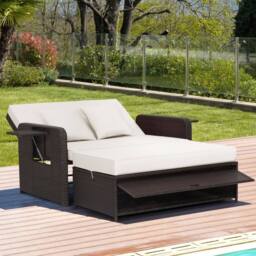 Costway Patio Rattan Daybed Set Wicker Loveseat Sofa w/Ottoman & Side Tray in White - thumbnail 5