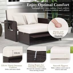 Costway Patio Rattan Daybed Set Wicker Loveseat Sofa w/Ottoman & Side Tray in White - thumbnail 3
