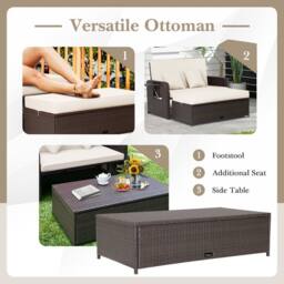 Costway Patio Rattan Daybed Set Wicker Loveseat Sofa w/Ottoman & Side Tray in White - thumbnail 8