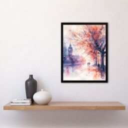 Artery8 Lovers Walk London Big Ben Autumn Watercolour Framed Art Print in Purple - Size: A4 - thumbnail 4