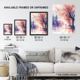 Artery8 Lovers Walk London Big Ben Autumn Watercolour Framed Art Print in Purple - Size: A4 - thumbnail 3