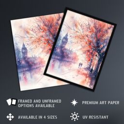 Artery8 Lovers Walk London Big Ben Autumn Watercolour Framed Art Print in Purple - Size: A4 - thumbnail 2