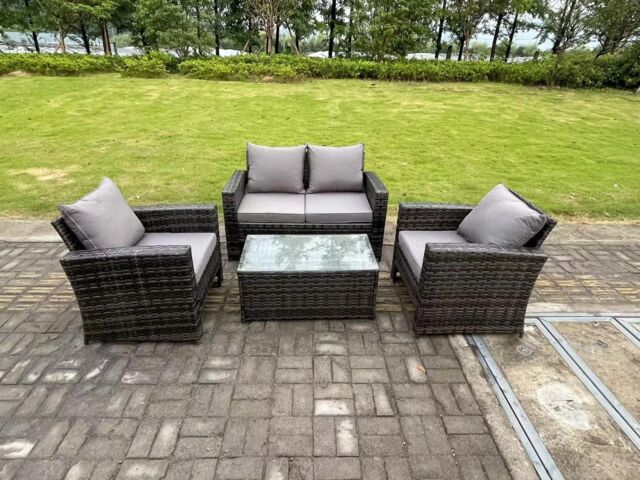 Fimous 4 Seater Grey Mixed High Back Rattan Sofa Set Rectangular Coffee Table Garden Furniture Outdoor Patio in Dark Grey